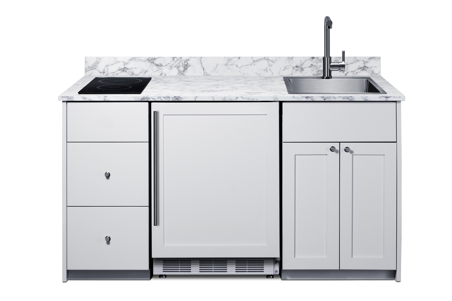 ADA-height Turnkey Caldera Kitchen featuring pre-assembled cabinetry and countertop in white, complete with ENERGY STAR certified refrigerator-freezer, ENERGY STAR certified 115V induction cooktop, storage drawers, and sink with faucet; ships in two boxes on one pallet